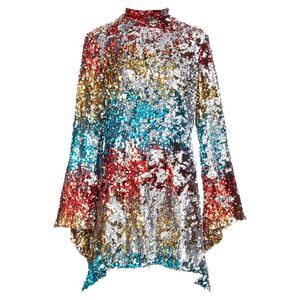 Halpern Flip Sequin multicolor flare drape hem mini dress